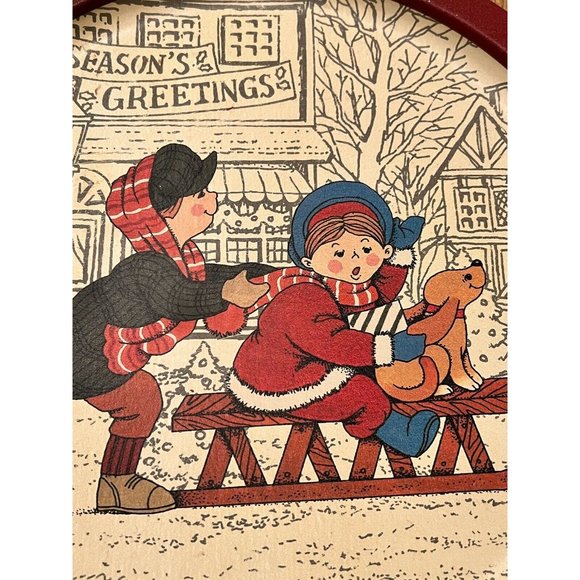 Vintage Wangs Intl. Inc. 1989 Metal Tray Snow Sled Boy Girl Dog Christmas Winter - Picture 2 of 4